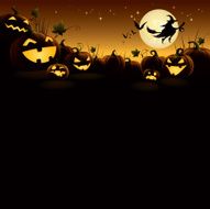 Halloween pumpkins with flying witch