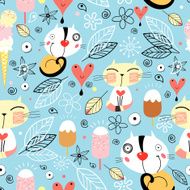 floral pattern with cats on a blue background N2