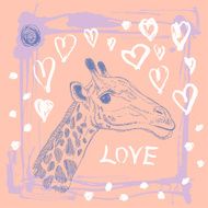 Card with cute giraffe and heart Sketch love Pink lilac N2