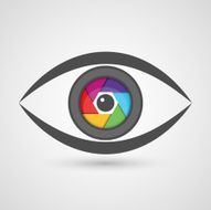 Icon eye as camera lens with colorful diaphragm shutter