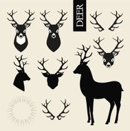 Deer heads horns and deer silhouettes vector set