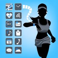 Smart device concept - fitness woman with blue background