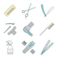 hairdresser tools color outline icons set N2