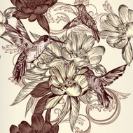 Beautiful seamless vector pattern with hummingbirds flowers and