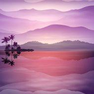 Purple background with sea and palm trees