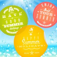 Stickers with summer vacation and travel emblems