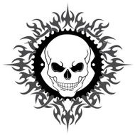 Skull In A Bike Chain Ring With Tribal Flame Background