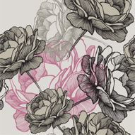 Seamless pattern with blooming roses on gray background hand drawing