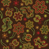 Retro flower butterfly lizard seamless vector pattern