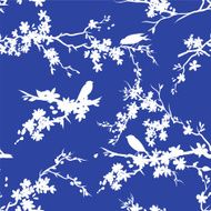 Sakura Cherry Blossoms And Birds Seamless Pattern Blue White