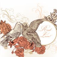 Grunge vector card on Valentine's day with couple of doves