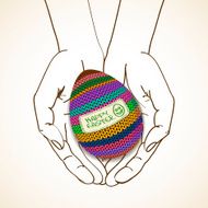 Easter greeting card with human hands holding knitted egg N2