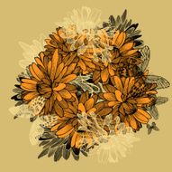 Floral background with yellow chrysanthemums and butterflies Hand-drawing