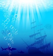 Underwater background with sharks and old ship