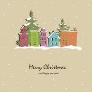 Christmas card with snow-covered buildings and trees