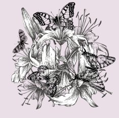 Floral background with lilies and black butterflies Vector illustration