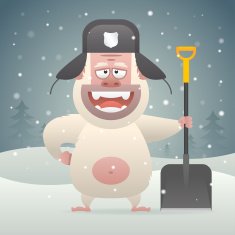 Yeti character holding shovel in winter forest