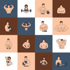 Bodybuilding fitness gym icons flat line
