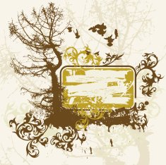 Silhouette of tree on a grunge background and flowers ornament N2