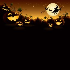 Halloween pumpkins with flying witch