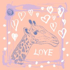 Card with cute giraffe and heart Sketch love Pink lilac N2