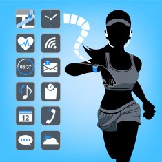 Smart device concept - fitness woman with blue background