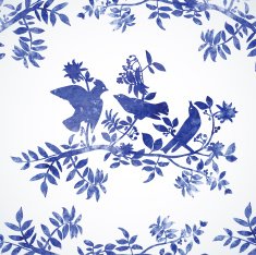 Blue watercolor bird with leaves and berries N2