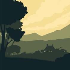 Silhouette landscape with a farm on background of mountains N2