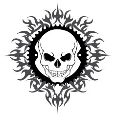 Skull In A Bike Chain Ring With Tribal Flame Background