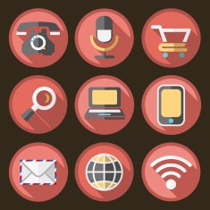 Set of Flat Multimedia Icons on Circular Red Buttons N2