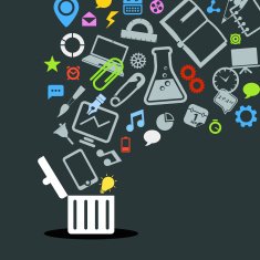Different icons flowing into a garbage basket N2