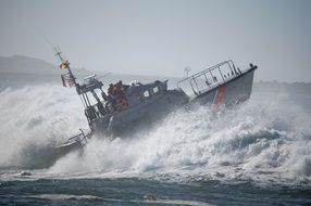 Motor lifeboat in a storm