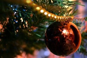 shiny ball on christmas tree close-up