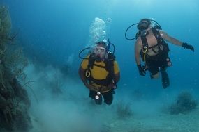 scuba divers at depth of ocean