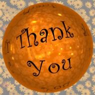 thank you, black lettering on orange ball