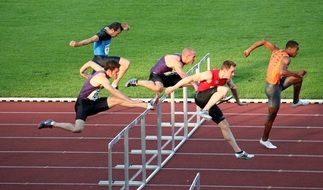 sprint hurdles, five young men on distance