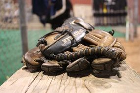 baseball gloves on bench