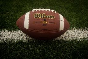 ball for rugby on green field close up