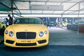 yellow bentley at a car dealership