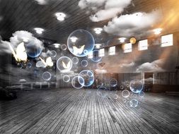 butterflies, bubbles, clouds surrealism drawing
