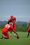 american football players on green field in action