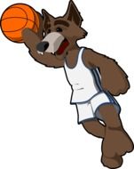 basketball, cartoon wolf jumps with ball