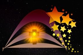 christmas greeting card, lighting cross and stars at dark background