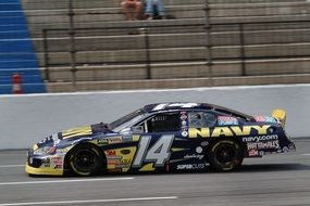navy racing car on track