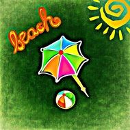 beach, umbrella and ball at green background