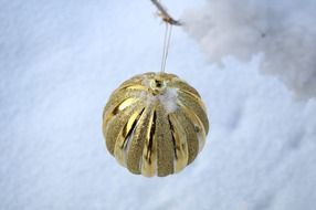 gold Christmas ball on a branch in winter