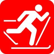 Red and white icon of a person skiing