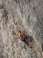 man climbing rock with rope