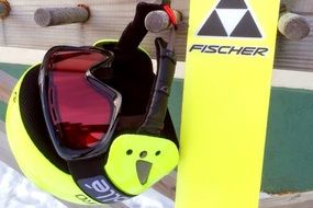 snowboarder helmet and board