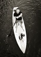 top view of a surfer in black and white image
